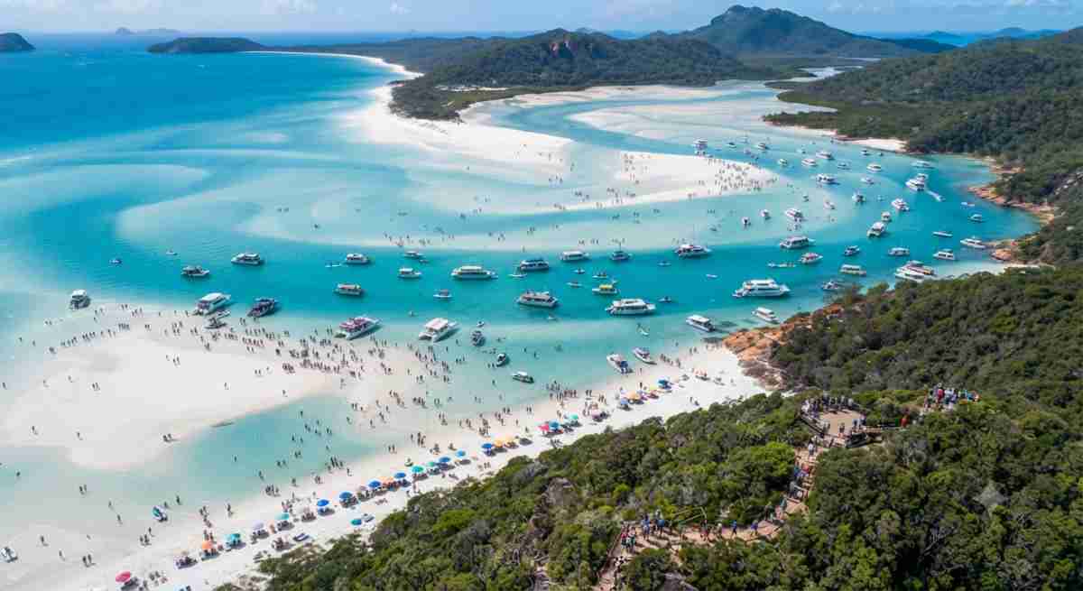 Aerial view of the pristine whitehaven beach featuring silica-white sand and turquoise waters in the whitsundays, queensland.