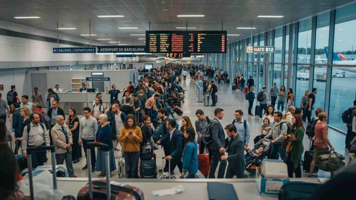 Image of passengers waiting at barcelona international airport (bcn) due to cancellations and delays