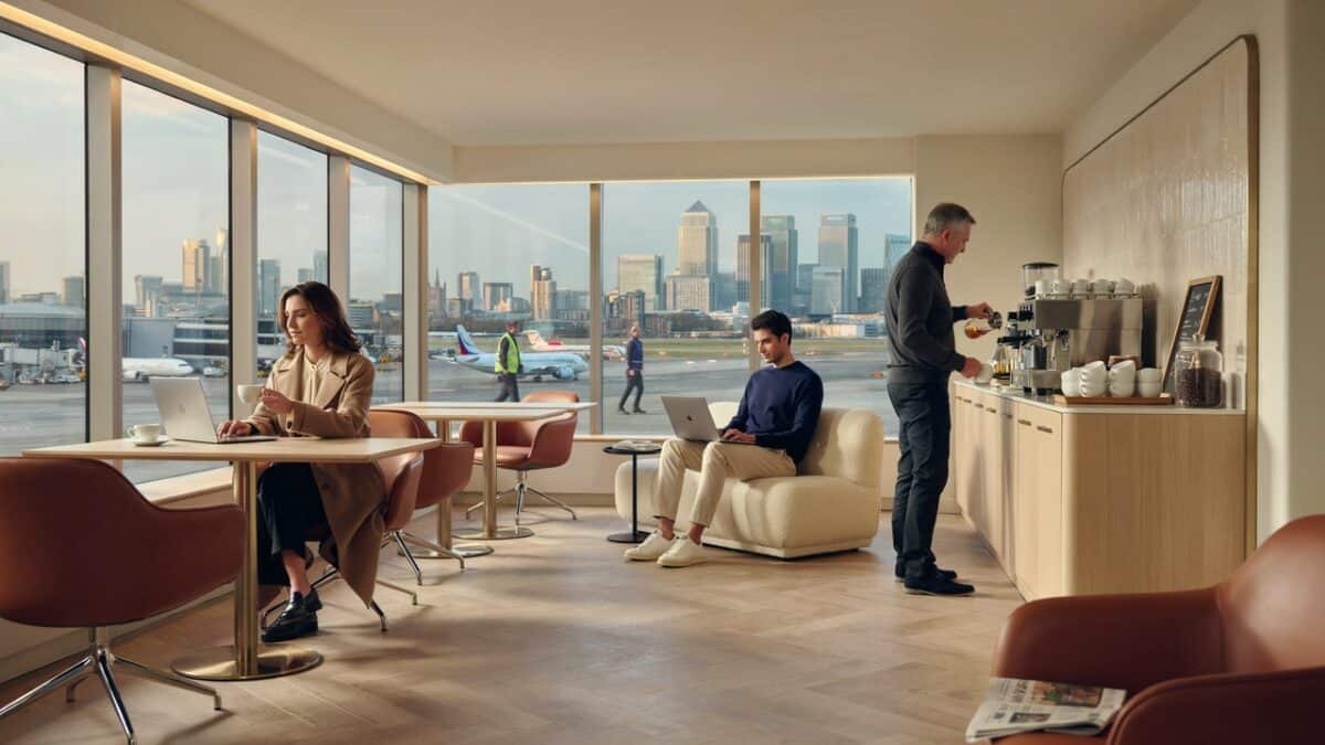 London city airport premium lounge concept showing luxury passenger facilities and london skyline views.