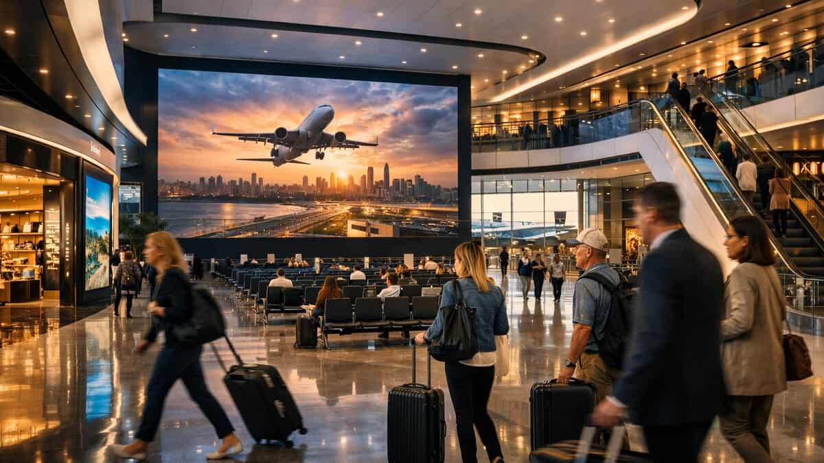 Travellers walk through a modern airport terminal with large digital billboards, premium retail areas and escalators, representing manchester airport terminal 2 commercial transformation.