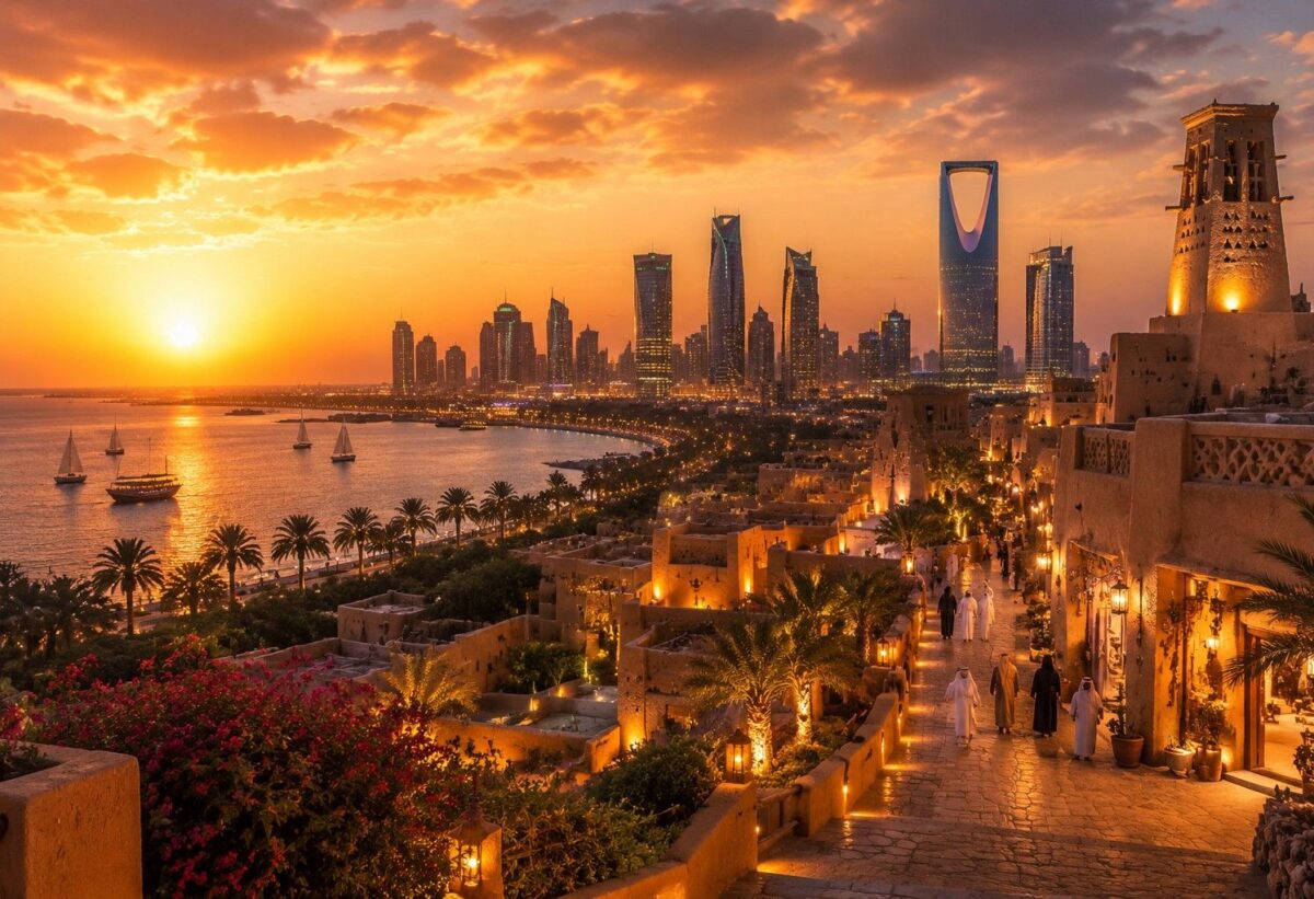 2saudi arabia skyline at sunset featuring golden desert architecture modern towers waterfront views - travel and tour world Saudi-arabia-skyline-at-sunset-featuring-golden-desert-architecture-modern-towers-waterfront-views