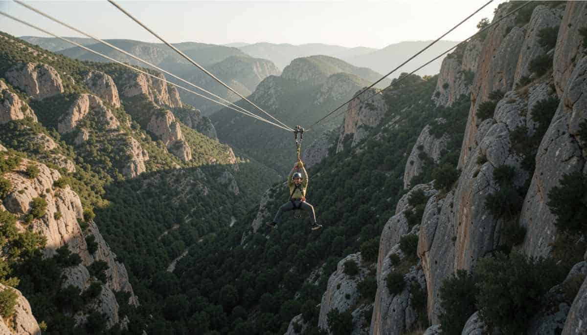 A person wearing a helmet and harness rides a zipline suspended across a deep, rugged mountain canyon with rocky cliffs and distant hills.