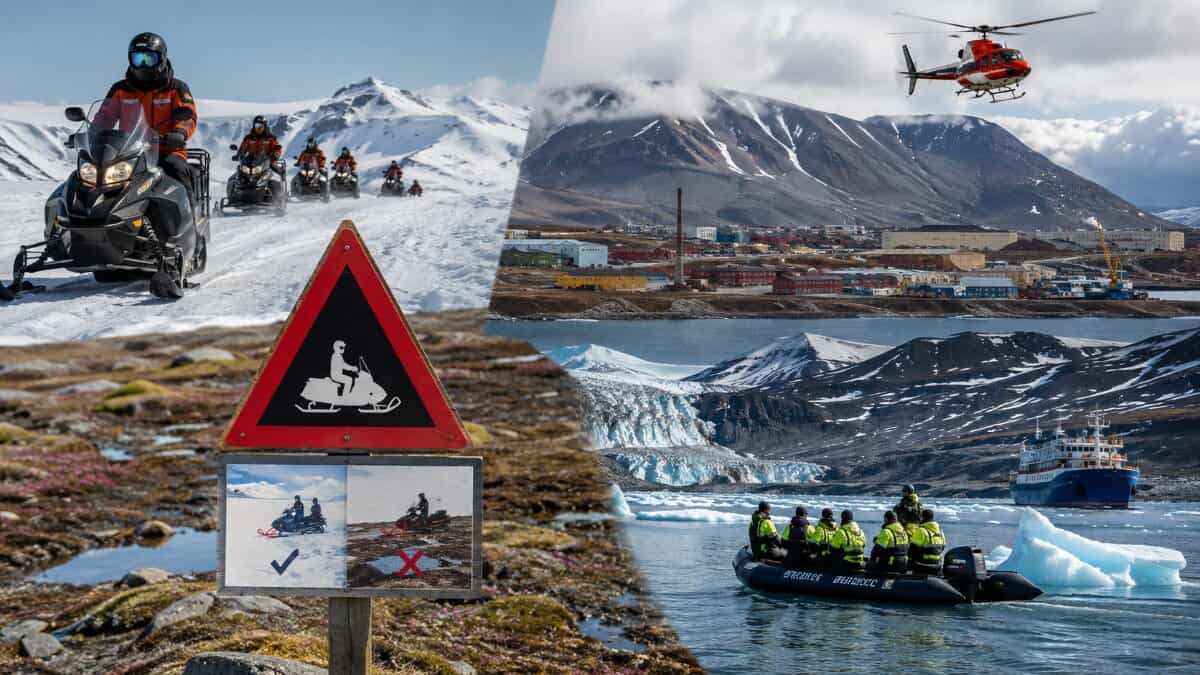 Editorial collage showing snowmobiles, exposed svalbard tundra, an expedition boat, arctic settlements and icy waters near longyearbyen and barentsburg.