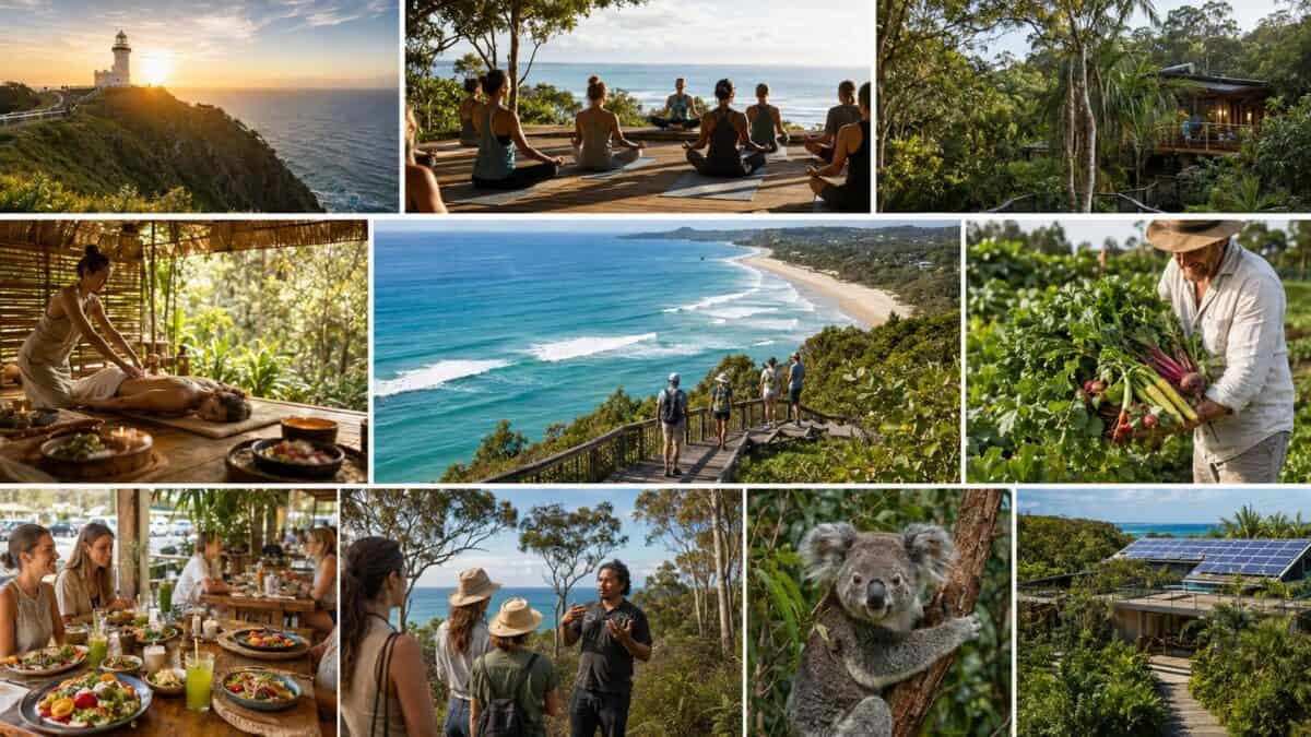 Travellers enjoy yoga, eco-luxury wellness retreats, organic farms, coastal walks and sustainable tourism experiences around cape byron lighthouse in byron bay, australia