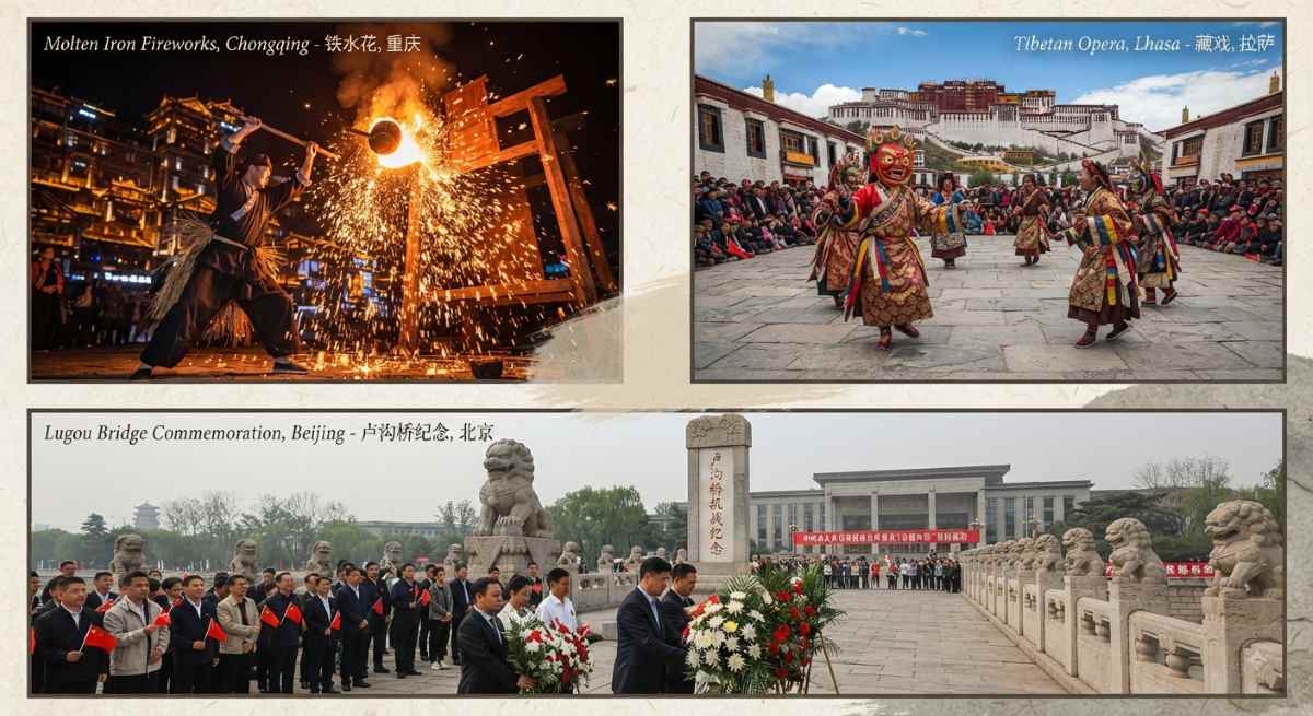 A collage of cultural events including molten iron fireworks in chongqing, tibetan opera in lhasa, and commemorative activities at the lugou bridge in china.