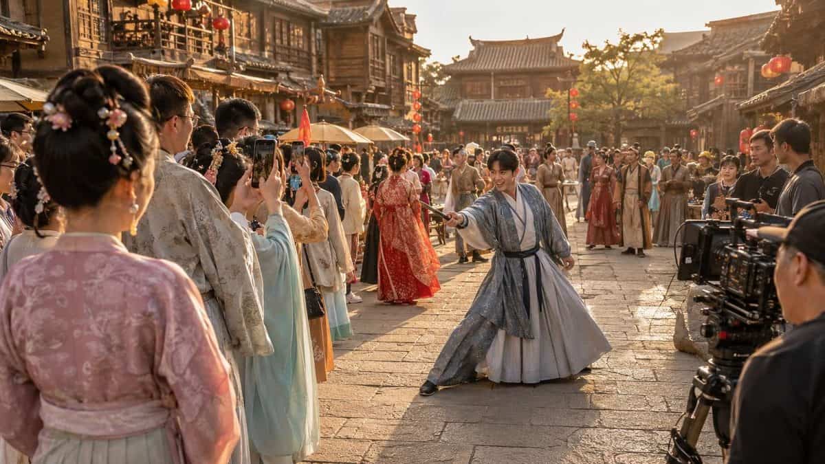 Tourists explore an immersive historical film set at laoling film studio in shandong, china