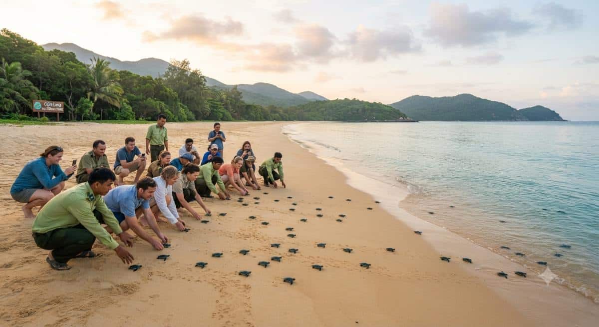 Con dao - travel and tour world A scenic view of a pristine beach in con dao national park where baby sea turtles are released into the ocean during an ecotourism conservation program.