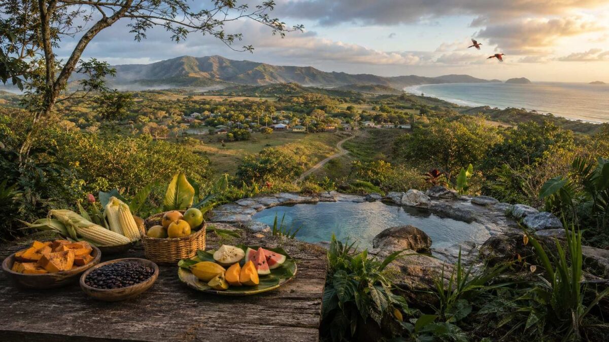 Costa rica’s nicoya peninsula with tropical forests, rural farms, volcanic scenery and natural hot springs