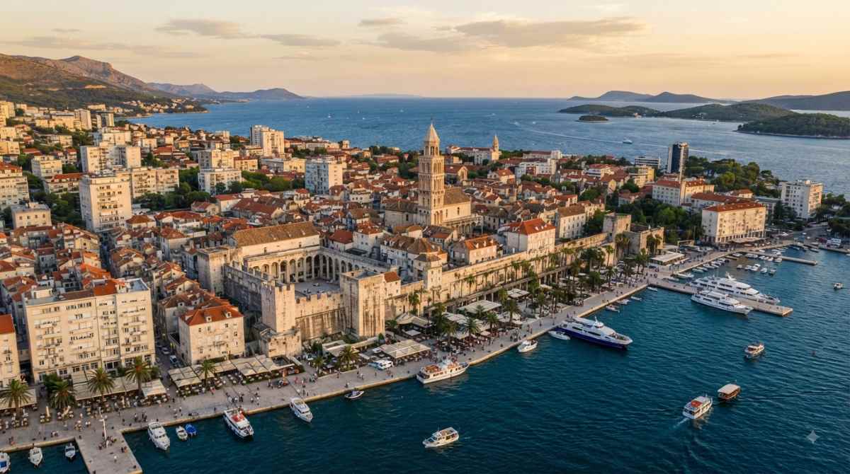 A panoramic view of the ancient diocletian’s palace integrated into the vibrant, modern cityscape of split, croatia, overlooking the adriatic sea.