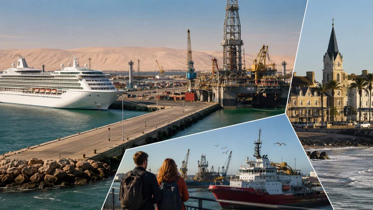 Namibia walvis bay cruise berth and oil supply base - travel and tour world Cruise ship and oil infrastructure at walvis bay port, namibia.