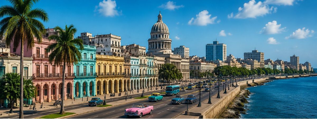 Cuban cityscape featuring colourful colonial buildings, elegant hotels, palm-lined roads, classic cars and a bright caribbean coastline.