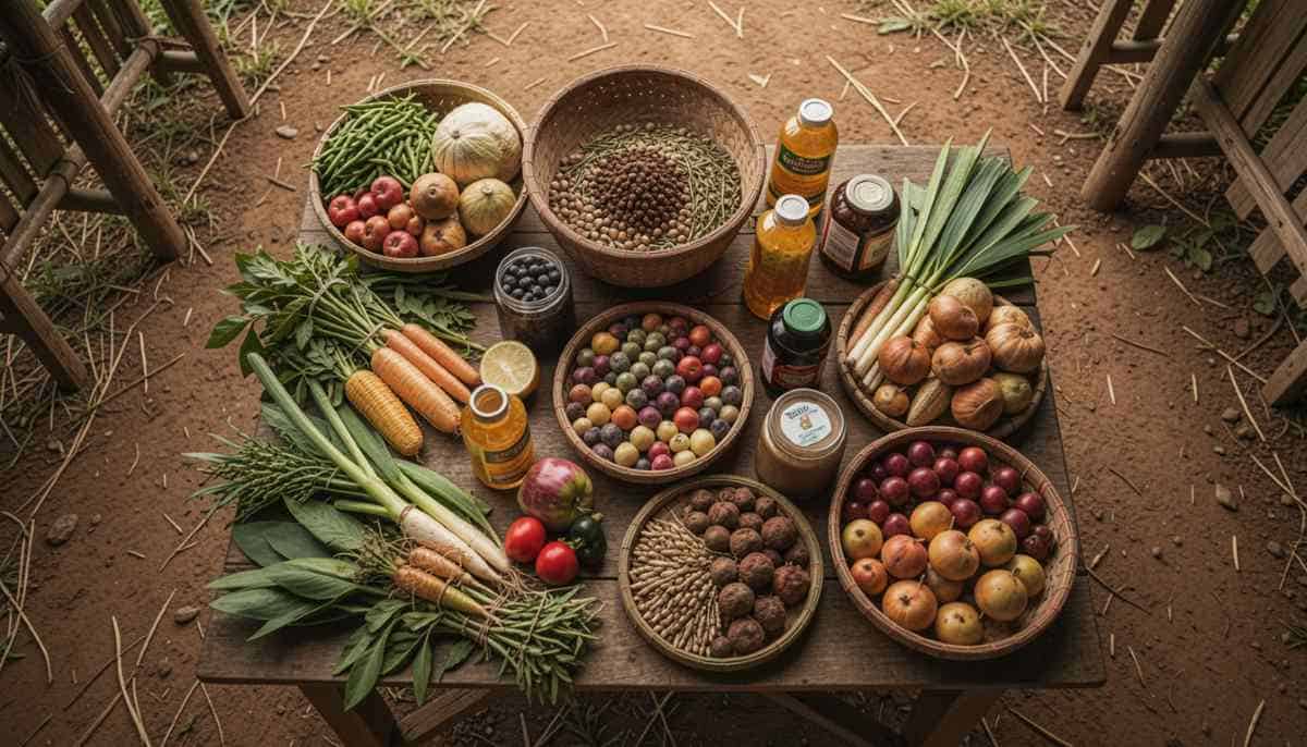 Culinary map - travel and tour world A top-down view of a rustic wooden table displaying a bountiful spread of fresh produce and local specialities in woven baskets and glass jars, including various vegetables, fruits, seeds, and bottled beverages, set against an outdoor dirt and bamboo background.