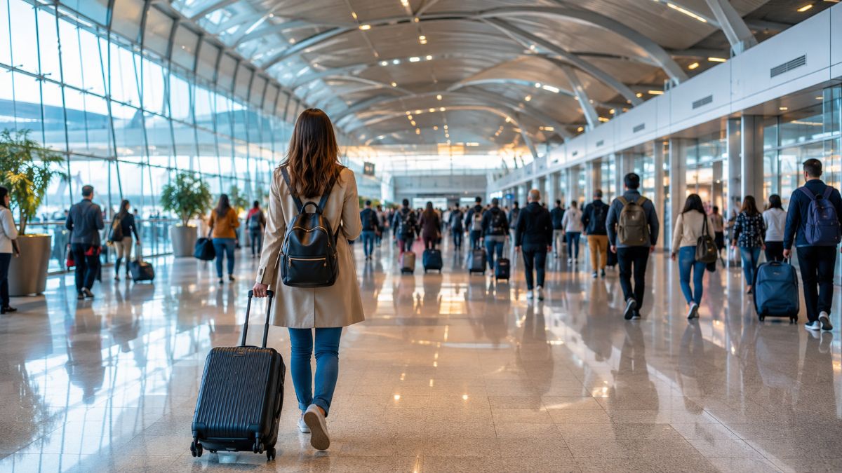 Travellers moving through dublin airport terminal during a busy summer travel period in ireland.