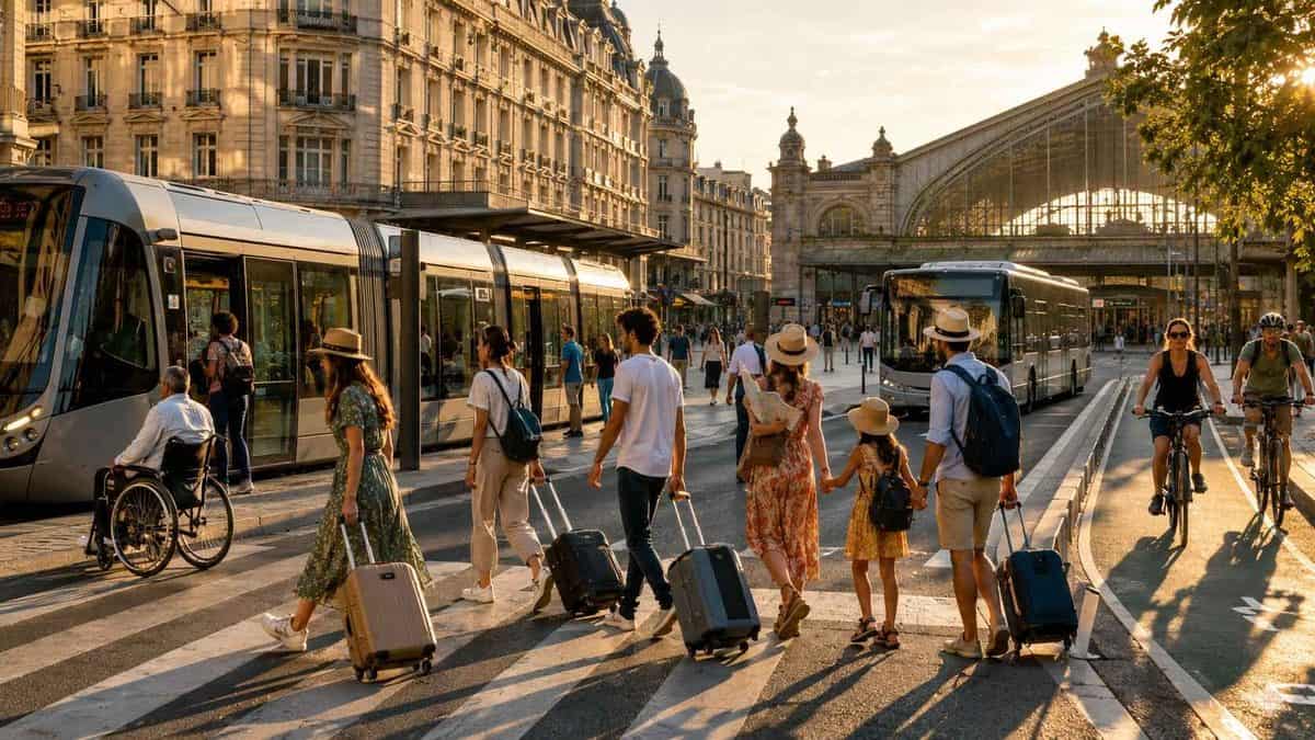 Tourists using sustainable urban transport in a european city covered by eu mobility indicators