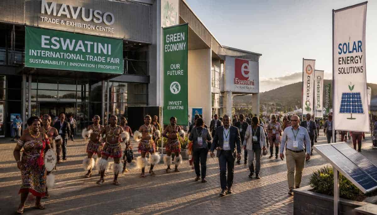 Eswatini international trade fair - travel and tour world Traditional swazi dancers and business delegates walking outside the mavuso trade and exhibition centre during the eswatini international trade fair, flanked by green economy and solar energy banners.