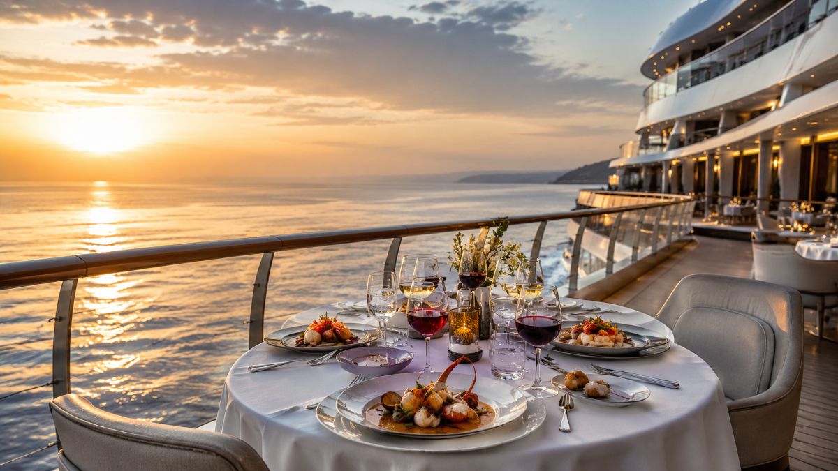 Luxury cruise dining experience aboard explora journeys with elegant restaurant seating and gourmet cuisine overlooking the ocean