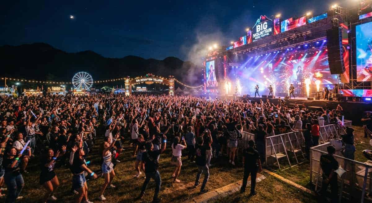 Festival - travel and tour world An aerial view of the newly relocated big mountain village festival grounds at farm chokchai 3 in khao yai, featuring sprawling green fields, outdoor stages, and camping zones under a clear mountain sky.