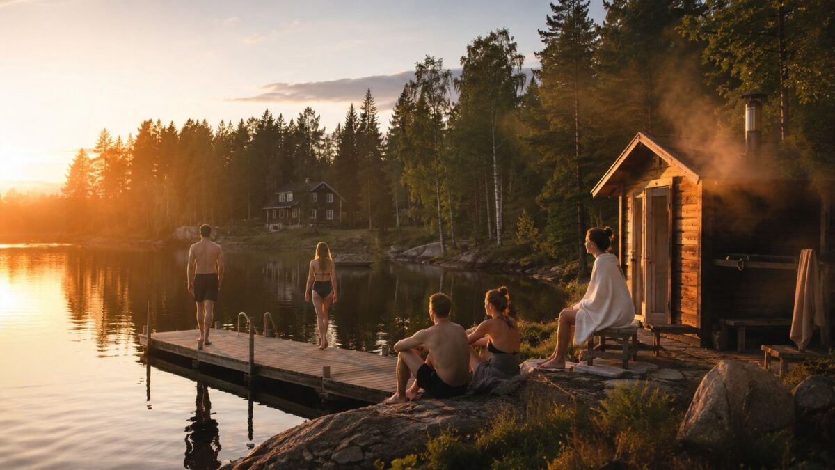 Travellers enjoying a lakeside sauna and peaceful digital detox holiday in finnish lakeland, finland.