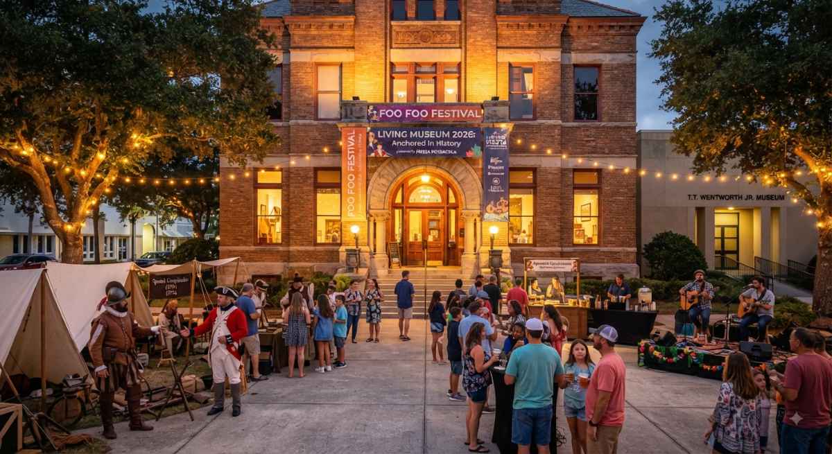 A detailed view of the pensacola museum of history during the foo foo festival, displaying costumed actors and outdoor plaza festivities of florida.