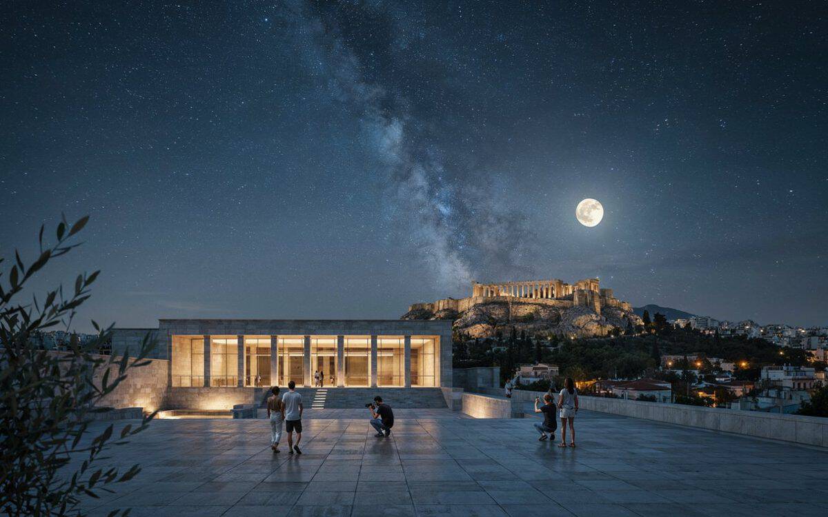 Acropolis museum athens illuminated during full moon night tourism event