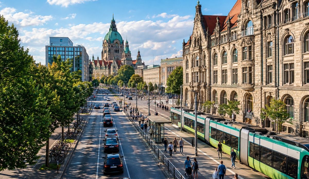 Hanover cityscape with busy roads modern trams historic architecture green trees pedestrians and bright blue skies - travel and tour world Hanover cityscape with busy roads, modern trams, historic architecture, green trees, pedestrians, and bright blue skies.
