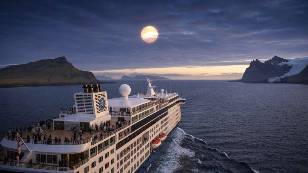 Holland america&rsquo;s nieuw statendam sails near iceland as passengers watch a total solar eclipse over the north atlantic.