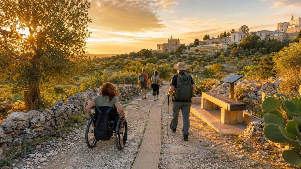 Italy - travel and tour world Travellers exploring an accessible via francigena route through the countryside of salento, italy