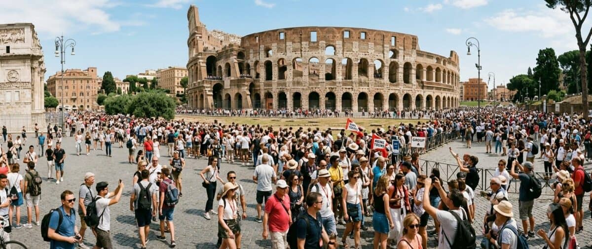 Tourists gathering at the colosseum during the rome tourism boom