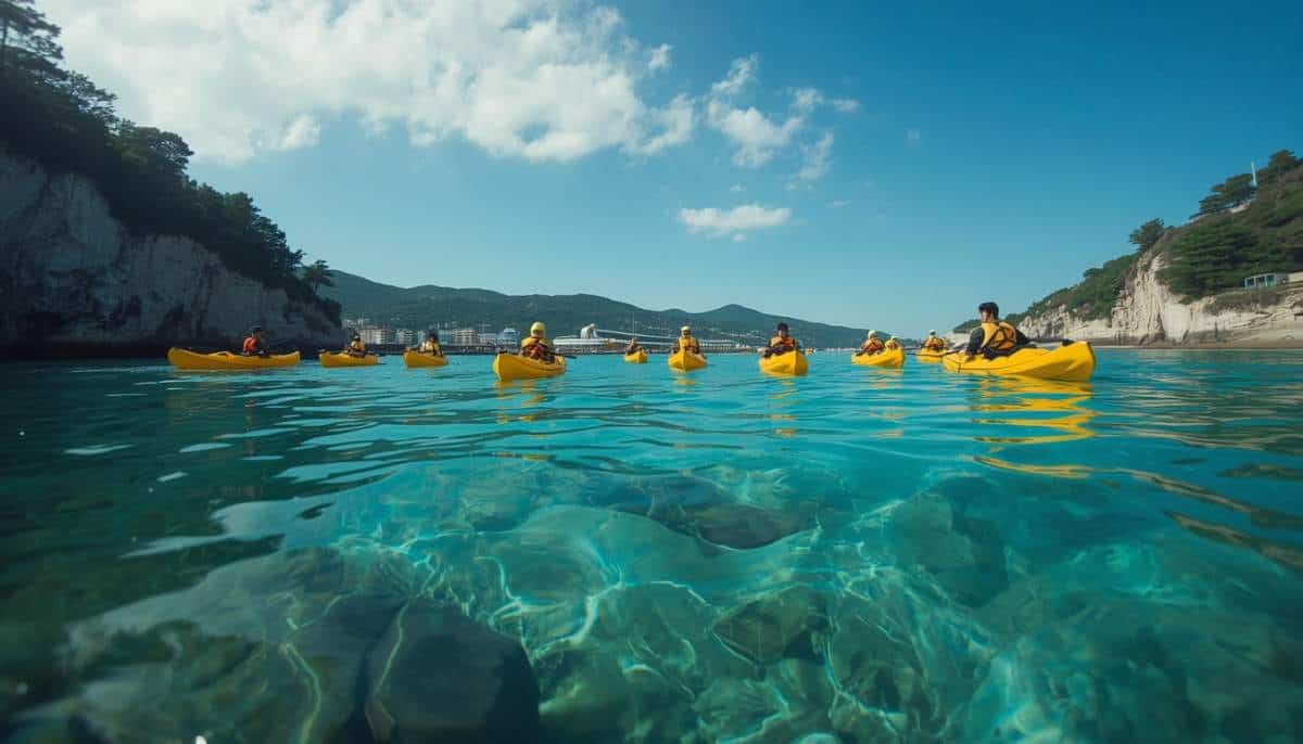 People in yellow kayaks exploring the crystal-clear turquoise waters of jangho beach in samcheok, south korea, framed by rocky cliffs under a blue sky.