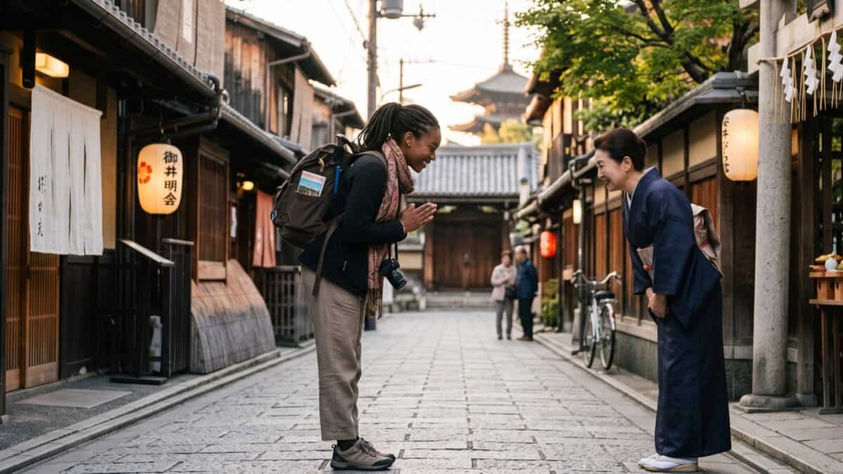 First-time visitor exploring japan while following local customs, travel etiquette and safety tips near a traditional japanese street.