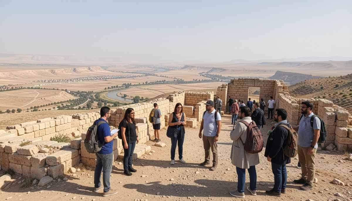 A group of diverse travelers and tour guides gathered among ancient stone ruins, looking out over a wide valley with a winding river and distant rolling hills under a bright sky.