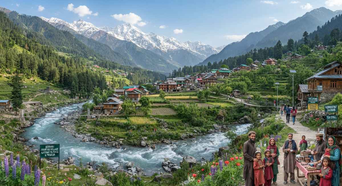 A serene view of a mountain village situated along the kishanganga river in the frontier region of kashmir, representing the growth of peaceful, sustainable border tourism.