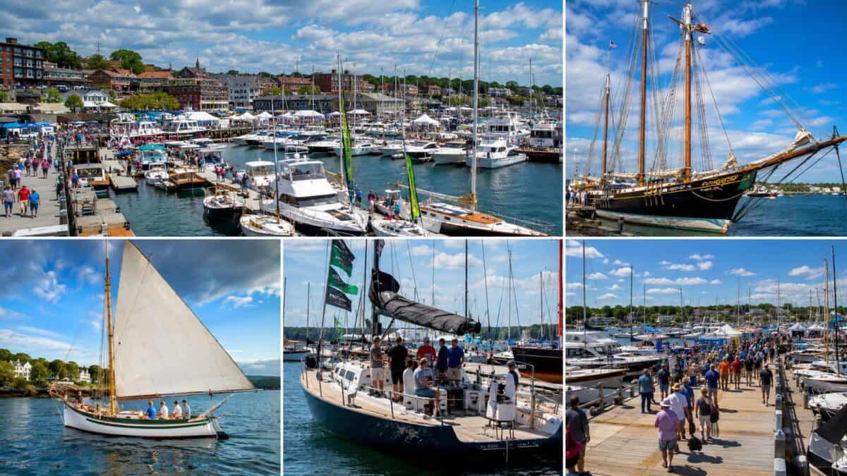 Maine boat & home show at rockland harbor featuring historic schooners, modern yachts and vibrant waterfront tourism.