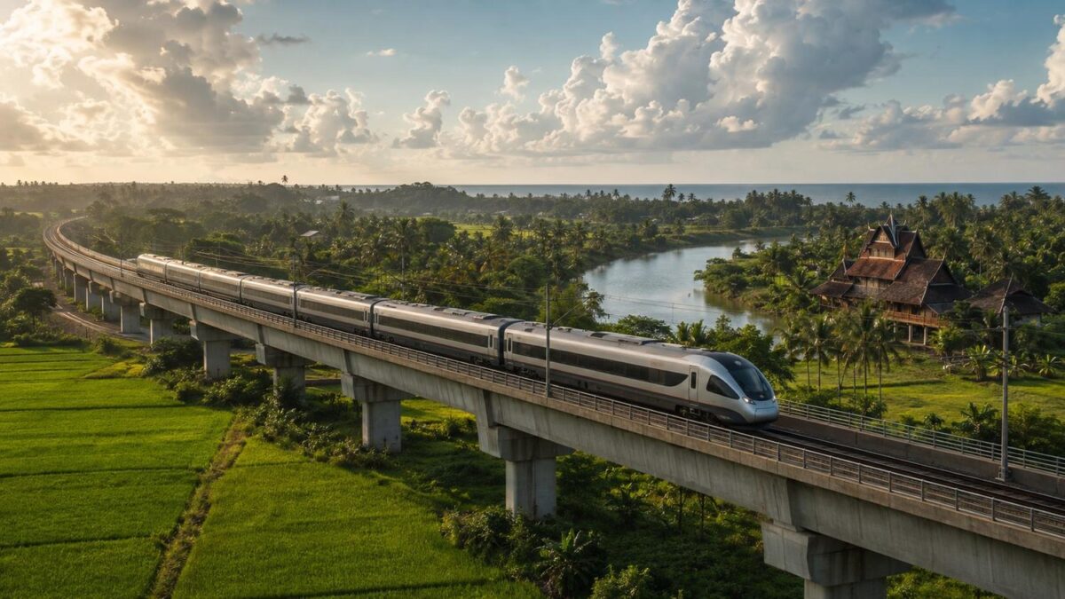 Modern passenger train travelling through malaysia’s east coast countryside towards kelantan