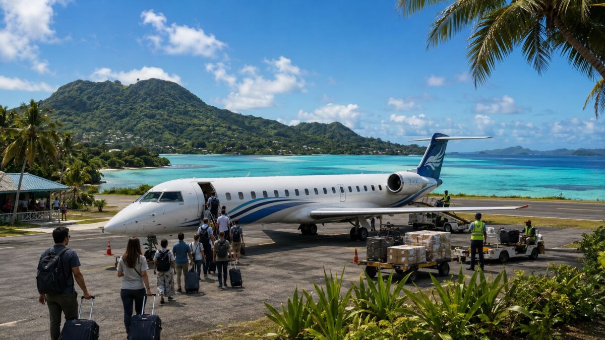 One pacific airways and nauru airlines aircraft connecting micronesian islands and pacific tourism destinations