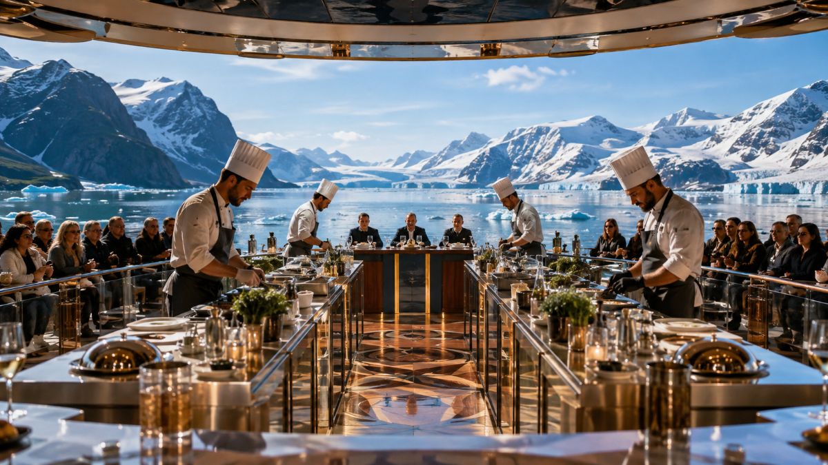 Regent seven seas cruises chefs and guests gather during an arctic circle voyage culinary competition beside a plated gourmet dish.