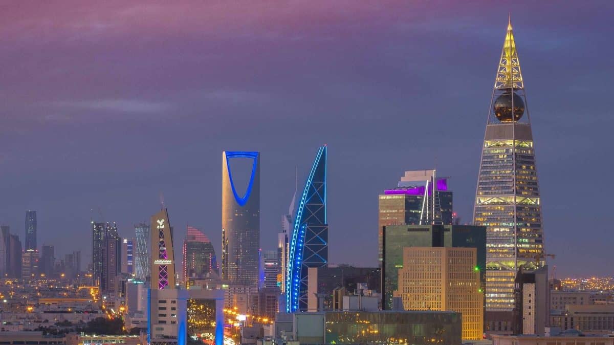 Riyadh skyline illuminated at dusk