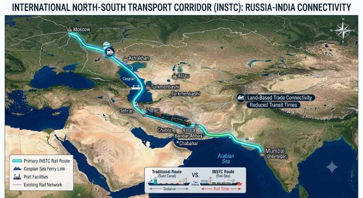 Instc route stretching from russia through central asia and iran to reach india ports, signifying land-based trade connectivity.