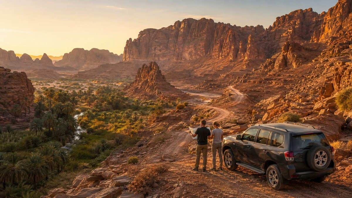 Travellers exploring a remote saudi arabian desert valley during an outdoor tourism journey.