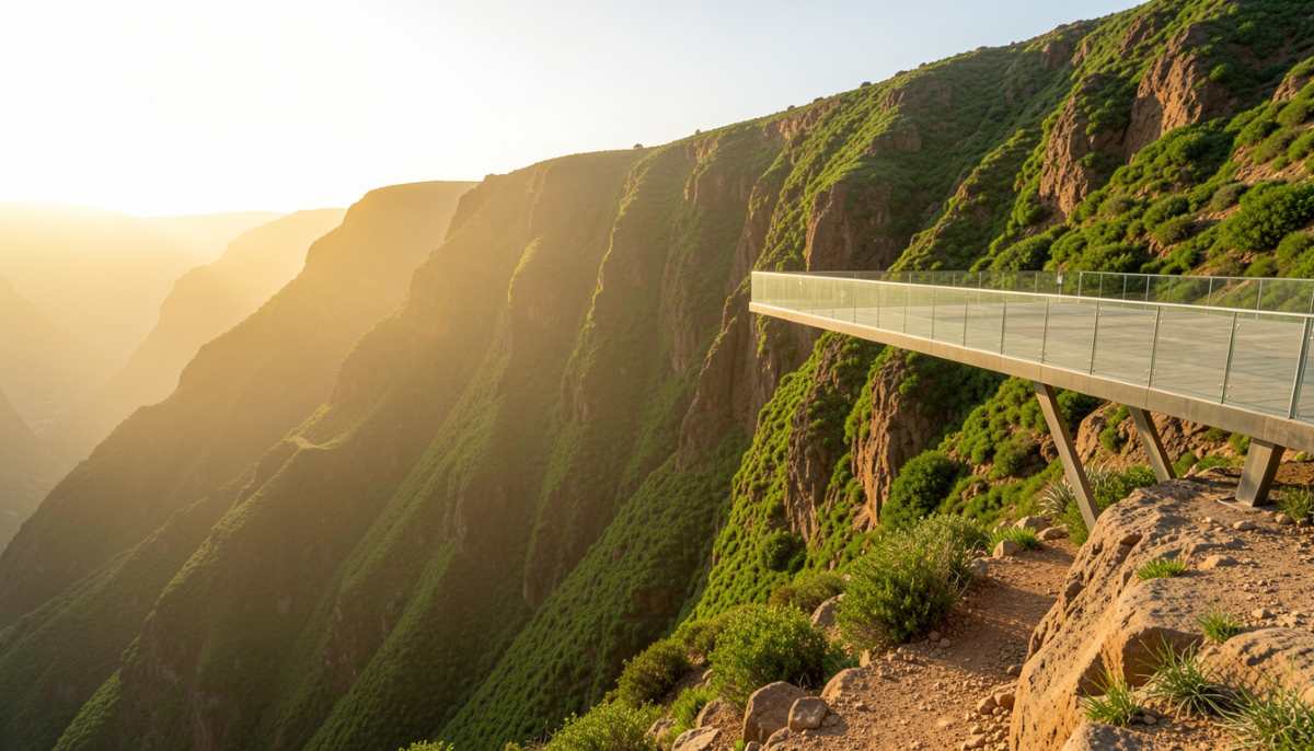A modern glass-railed viewing platform extending from a steep, green mountain cliffside at the shaat viewpoint in rakhyout, dhofar, under soft sunlight.