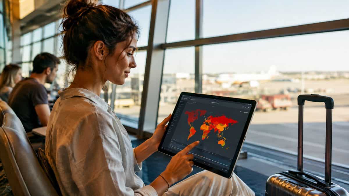 Interactive global travel risk map displaying live safety information, destination ratings, disaster alerts and travel intelligence worldwide.