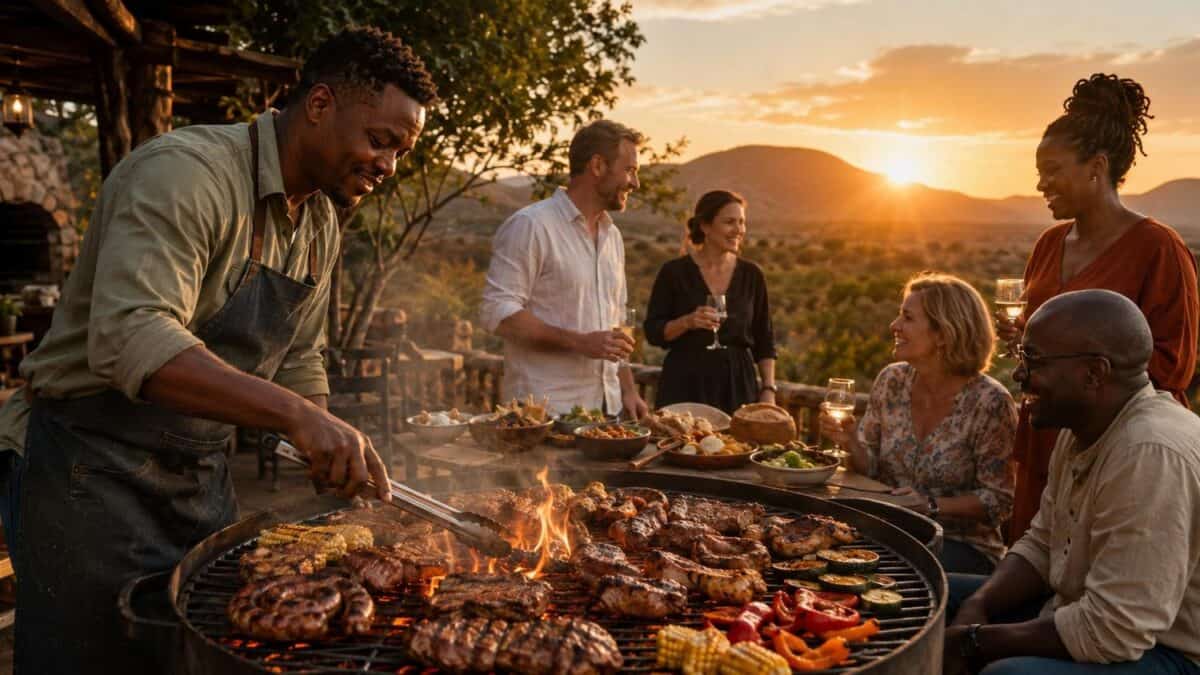 International travellers sharing a traditional south african braai with local hosts