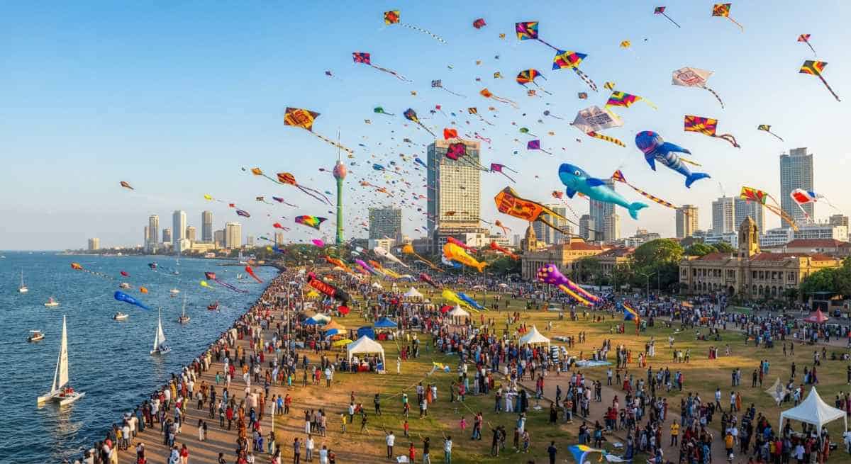 Colourful kites filling the colombo skyline above galle face green during the sri lanka 2026 international kite festival.