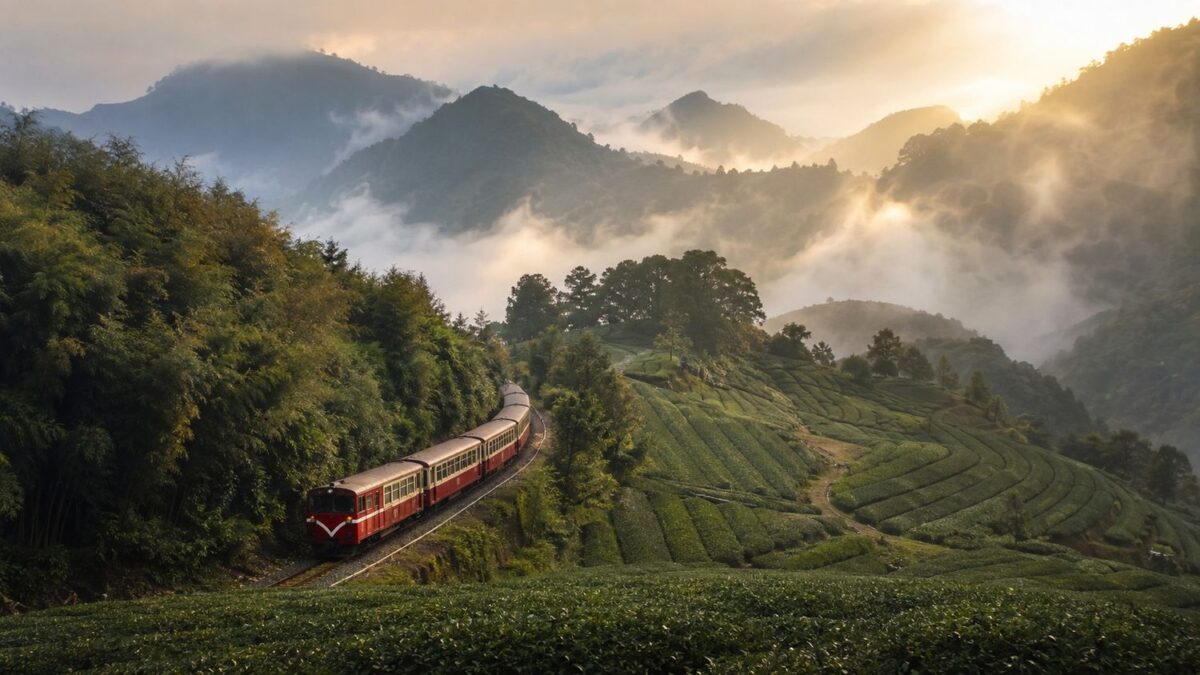 Heritage train travelling through taiwan tea mountains and misty alishan plantations