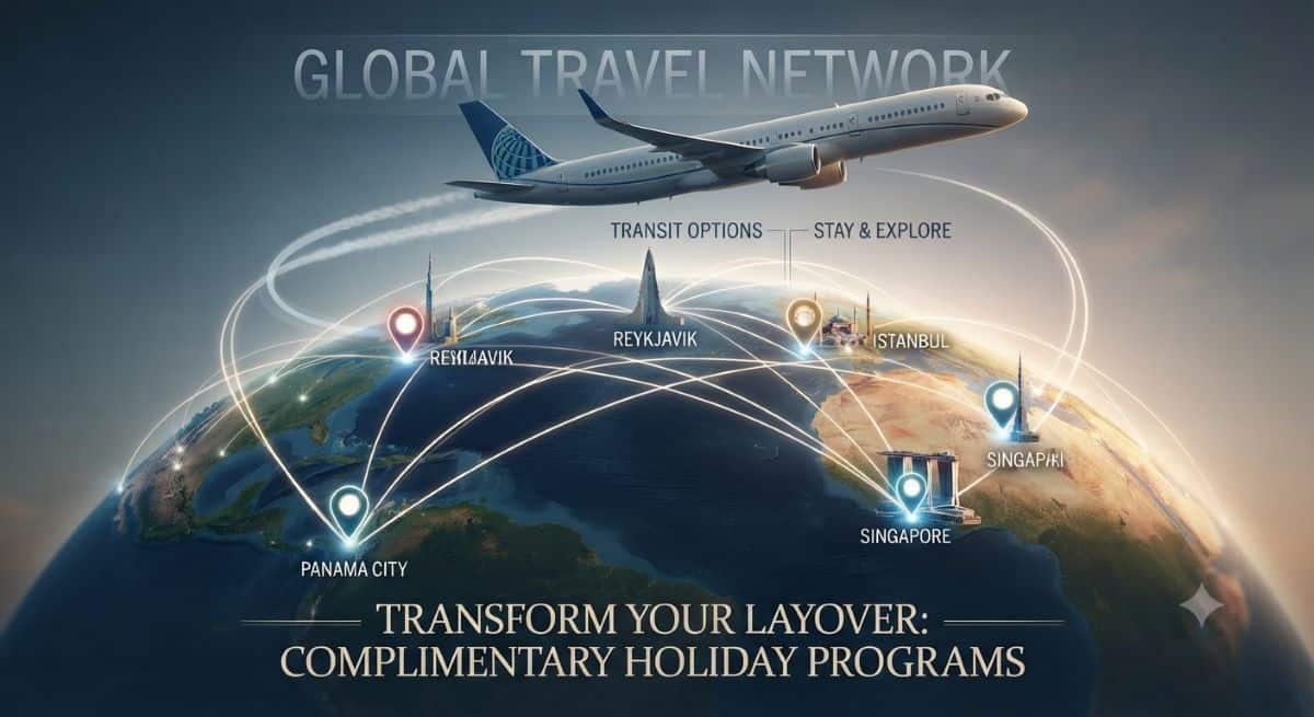 An image displaying a commercial airplane flying above a global map, representing international travel, flight connections, and layover holiday destinations.