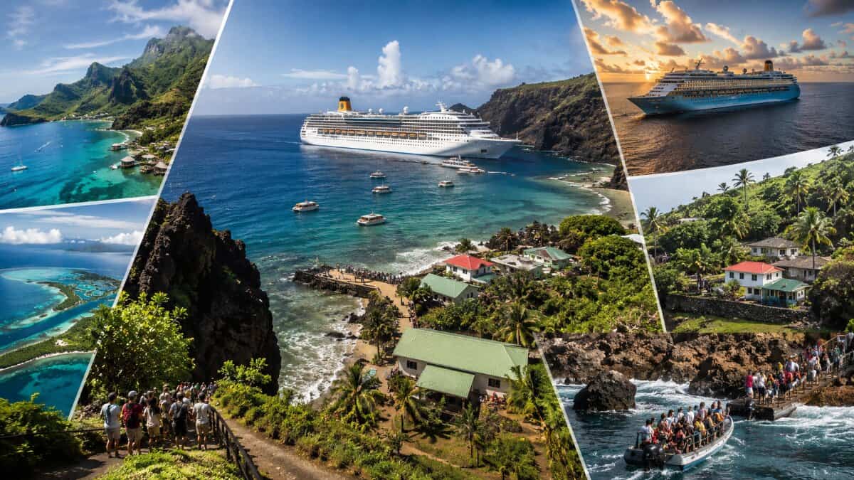 Cruise ship near pitcairn islands with remote landing area and coastal settlement.