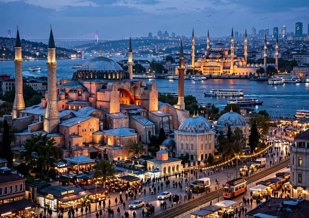 Turkey evening, illuminated hagia sophia and blue mosque overlooking bosphorus, busy streets, glowing lights.