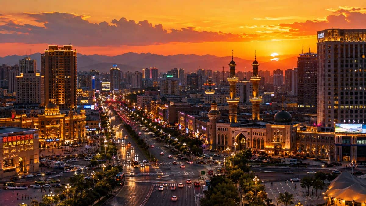 Xinjiang city glows at sunset, with busy streets, illuminated architecture, distant mountains, and a dramatic golden sky.