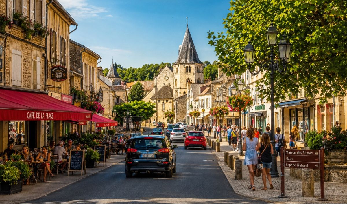 Yviers street in france with historic buildings bustling traffic cafés pedestrians and lush greenery under bright sunshine - travel and tour world Yviers street in france with historic buildings, bustling traffic, cafés, pedestrians and lush greenery under bright sunshine.