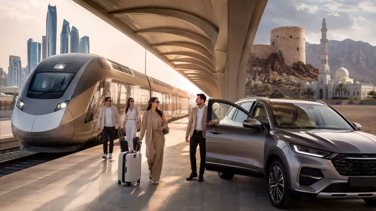 Etihad rail passenger train and rental car creating a seamless rail-to-road travel connection in the uae
